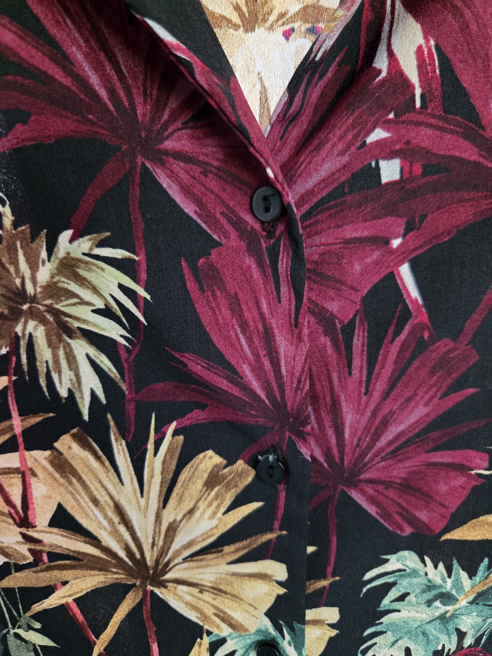 Zara Basic Lightweight Tropical Print Blouse Womens M Black Botanical Shirt - Picture 4 of 6